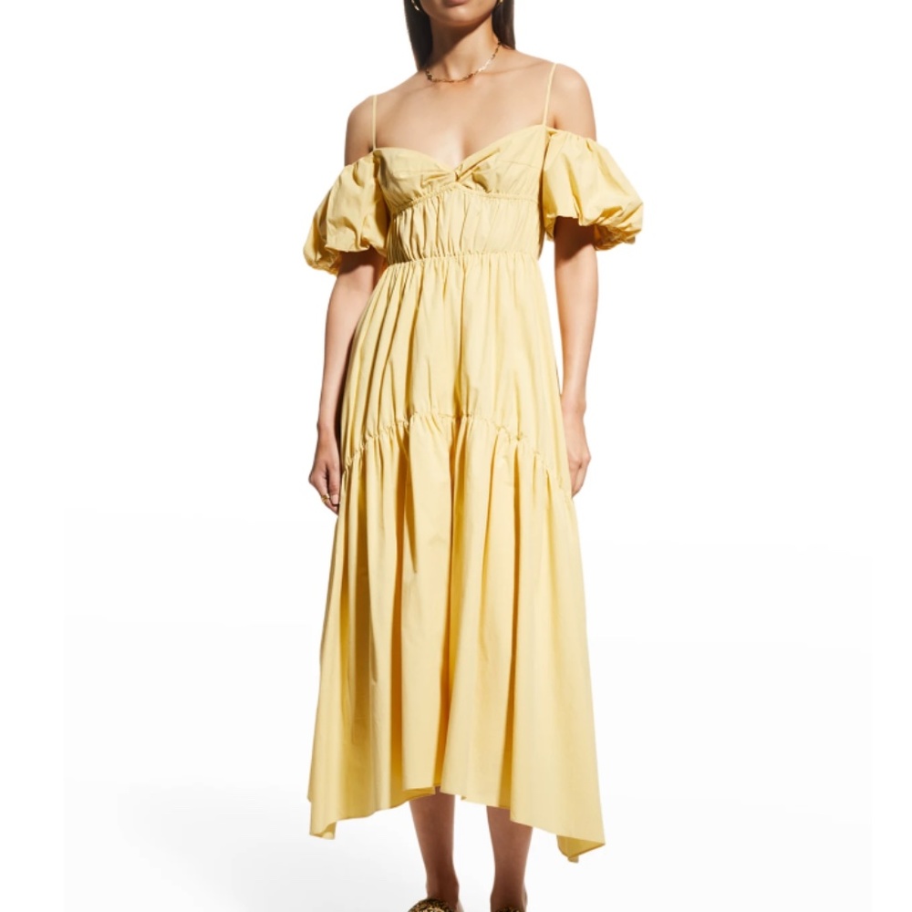 NWT $445 Vince Draped Cold-Shoulder Tiered Yellow Midi Dress in sizes 4, 10 + 12